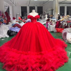 Xss29 Vestido de Gala Rojo de Lujo para Quinceañera, Largo hasta el Suelo, de Tul Natural Brillante, con Corsé de Cuentas, Dobladillo con Volantes y Cola Capilla, para Fiesta Formal - Product Image 5