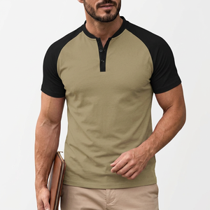Men's Slim Fit Raglan Sleeve Stand Collar T-<b>Shirt</b> Solid Color Blocked Casual Knitted Short Sleeve Teal Black - Product Image 4