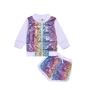 2021 Peuter Baby Pailletten Jasje Shorts Jogger Outfits Lente Rits Twee Delige Set Voor Kinderen Meisje