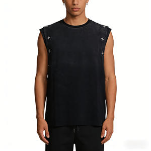 Camisetas sin mangas personalizadas para hombre, estilo hip hop, holgadas, lisas, con pedrería, lavado ácido, 100% algodón, tejido de punto, 280 gramos, transpirables - Product Image 1