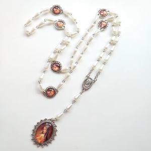 Mecrt 패션 일곱 슬픔 채플 화이트 진주 비즈 묵주 라운드 성모 마리아 펜던트 종교 묵주 목걸이 - Product Image 1