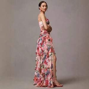 Off-Shoulder Floral Print Chiffon Evening Dress Empire Waist <b>Long</b> <b>Spaghetti</b> Strap Sheer Layer Women's Formal Wear - Product Image 3