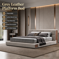Lit plateforme moderne de luxe en cuir gris avec garniture en bois, profil bas, taille king, meubles de chambre à coucher