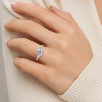 Bague de fiançailles pour femme en moissanite, argent sterling 925, taille brillant rond, quatre griffes, halo pavé, pierres latérales pavé, bande pavé