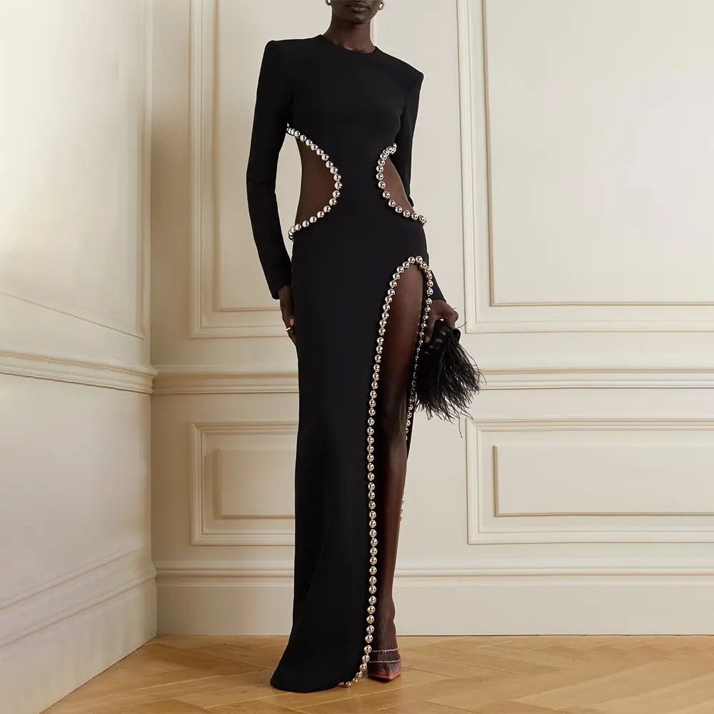 Elegant Front Slit Cutout Design Maxi Bodycon Black bead design evening Dress with Bead Decoration