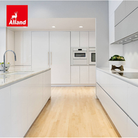 Armoires de cuisine Alland de style moderne modulaire en bois, blanc et gris, avec îlot, finition laquée brillante longue et luxueuse