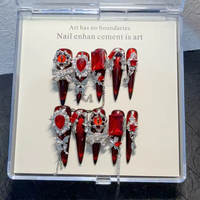 Lot de 10 faux ongles longs stiletto rouge sang Vampy à presser, faits main en acrylique, esthétique audacieuse, logo personnalisé