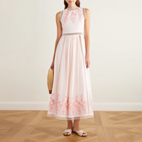 Gaun Midi Elegan Warna Pink dengan Renda, Potongan Pinggang, Bordir Bunga, Model A-Line untuk Wanita, Cocok untuk Pesta Koktail, Pernikahan, dan Acara Lainnya