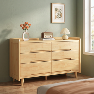 Midcentury Modern Solid Wood <b>Dresser</b> <b>6</b> <b>Drawers</b> Storage Cabinet Bedroom Furniture Light Natural Finish Flat Panel Design - Product Image 3