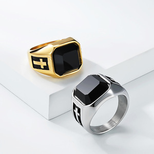 Comercio electrónico transfronterizo, estilo único y popular, anillo con piedra preciosa negra, anillo artístico retro para hombre con cruz para el dedo índice - Product Image 1