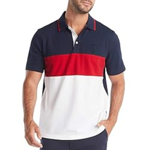 เสื้อโปโลผู้ชายถักลายบล็อกสี แขนสั้น สไตล์ลำลอง สีกรมท่า แดง ขาว - Product Image 3