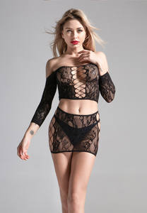 Seksi tasarım siyah olgun kızlar uzun kollu üst giysi 2 parça iç çamaşırı takım naylon bodybody - Product Image 3
