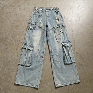 Jeans de Mezclilla Vintage de Alta Calidad para Hombre, Corte Recto, Estilo Boyfriend, Cintura Media, Estilo Y2K, Hip-Hop, Holgados, Bordados, con Múltiples Bolsillos - Product Image 1