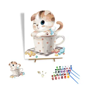 لوحة حيوانات لطيفة بالأرقام على صورة قطة قماشية مؤطرة سهلة الطلاء بالأرقام للمبتدئين