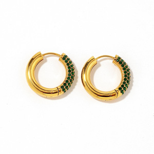 Hoop <b>Earrings</b> Gold Plated <b>Green</b> Diamond Channel Setting Stainless Steel Party Jewelry - Product Image 4
