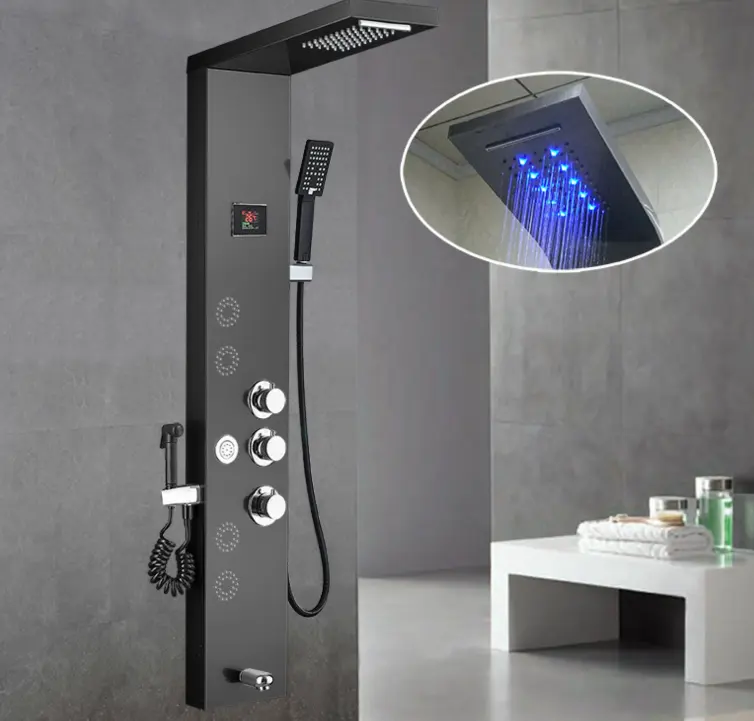 LED Chrome Rain Shower Kits 10" High Pressure Water Saving Thermostatic Brass Valve Shower panel