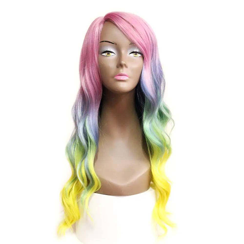 Ladies Rainbow Neon Fringe Layered Wig Straight Hair GAY PRIDE MULTI COLOUR WIG 