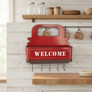 ديكور جداري للمطبخ الريفي وتخزين منزلي، شاحنة معدنية حمراء للتخزين مثبتة على الحائط - Product Image 1