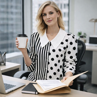 Robe chemise midi surdimensionnée personnalisée pour femme en mélange lin et coton, imprimé rayures noires et blanches et pois, col plissé