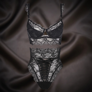 Conjunto de Lencería Sexy de Encaje Floral y Satén para Mujer, Talla Grande, Cómodo Sujetador + Braguita de Cintura Alta, Control Ligero, Color Personalizado - Product Image 3