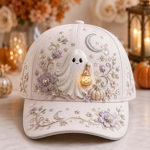 Gorras de béisbol de Halloween con visera curva personalizada, bordado 3D de fantasmas y cuentas, diseño floral de calabaza, estructuradas de 6 paneles, venta al por mayor, OEM - Product Image 1