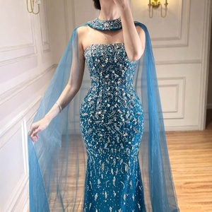 Serene Hill LA73692 Abito da Sera di Lusso Stile Sirena con Perline e Mantella <span class=keywords><strong>in</strong></span> <span class=keywords><strong>Tulle</strong></span> <span class=keywords><strong>Trasparente</strong></span>, Blu Teal, <span class=keywords><strong>Vestito</strong></span> Formale da Cerimonia per Donne - Product Image 3