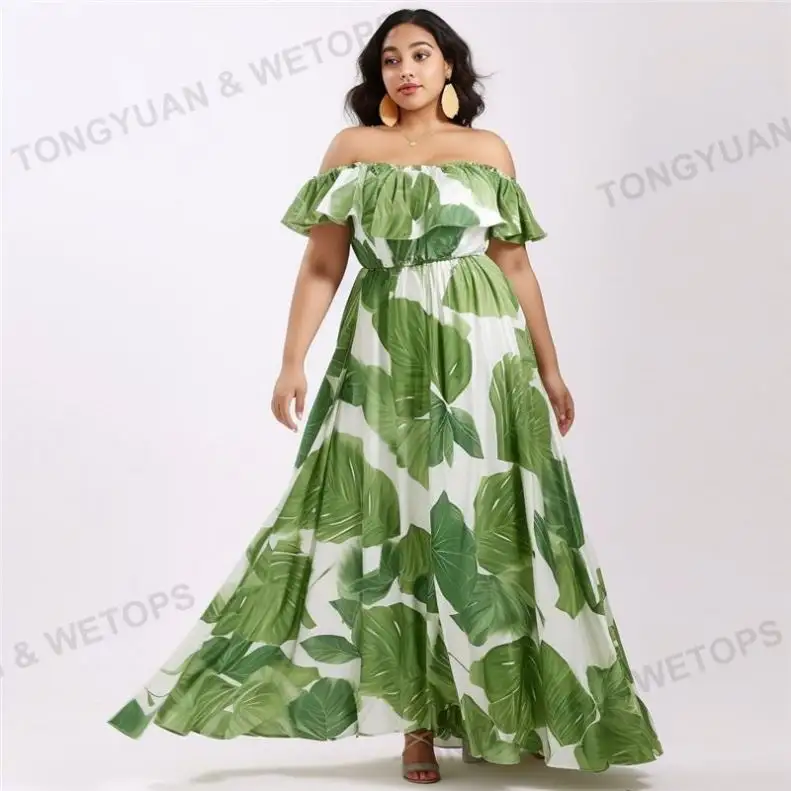 2023 estate nuovi arrivi abiti da donna personalizzati polinesiano Monster Leaf Trend Ruffle Off spalla gonna lunga Lady Plus Size Dress