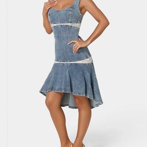 Robe midi vintage en jean sans manches à volants, col carré en dentelle, dos nu et fermeture éclair au dos, grande taille personnalisée pour l'été - Product Image 2