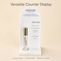 Présentoir de comptoir en acrylique avec panneau arqué, base blanche, découpe pour produits, support de présentation pour bijoux et produits d'entretien, impression personnalisée
