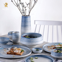 Service de table en grès bleu dégradé moucheté, style nordique côtier, assiettes, bols et vases en céramique peints à la main