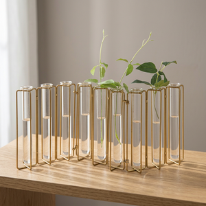 Chaman India Iron & Glass Gold Test Tube <b>Vase</b> with 9 Bud Holder Europe Style Tabletop Decoration Size S - Product Image 2