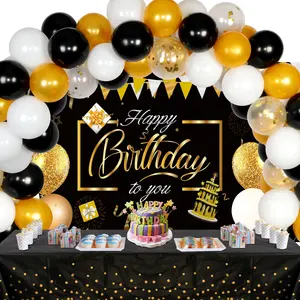 Ourwarm 생일 배경 18 인치 화환 장식 세트 광택 크롬 라텍스 색종이 골드 블랙 파티 풍선