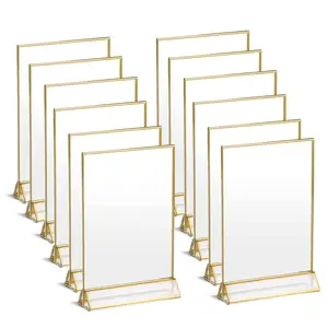 6 paket çift taraflı akrilik işaret tutucu masa menü ekranı standı düğün masa numaraları sahipleri altın sınırları