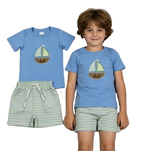 Ensemble de vêtements pour garçons RTS Boutique Casual Summer Sailboat Embroidery Little Boys T-shirt Shorts 2 pièces Ensembles de vêtements pour frères Ensembles de vêtements pour enfants - Product Image 1