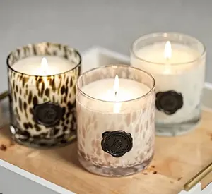 Manufacturers Wholesale Customize Fancy Peckled Leopard Candle Jars Luxury with Lids 12oz 14oz Black Candle Glass Jar