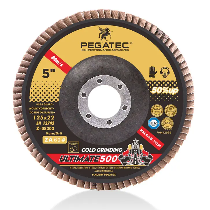 PEGATEC ULTIMATE 125x22 mm 5inch flap disc zirconia for stainless steel with MPA certification