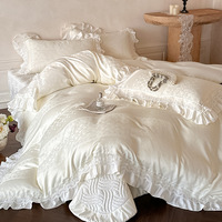 Nouvel ensemble de housse de couette en soie lavée Princesse Française 2026, 4 pièces, avec dentelle et volants, soyeux et rafraîchissant, matelassé, taille Queen
