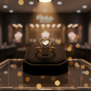 Bague romantique double cœur en or 22 carats avec nacre et halo de zirconium cubique, design superposé en or pur 916, vente en gros de bijoux - Product Image 2