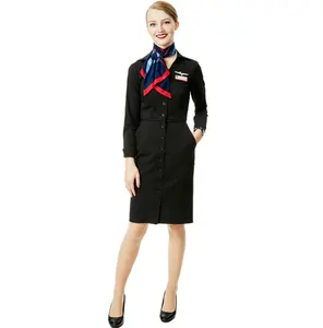 Vestido de vôo personalizado, vestido preto ou azul marinho respirável de alta qualidade design eua assistente de voo airline stewardess uniforme