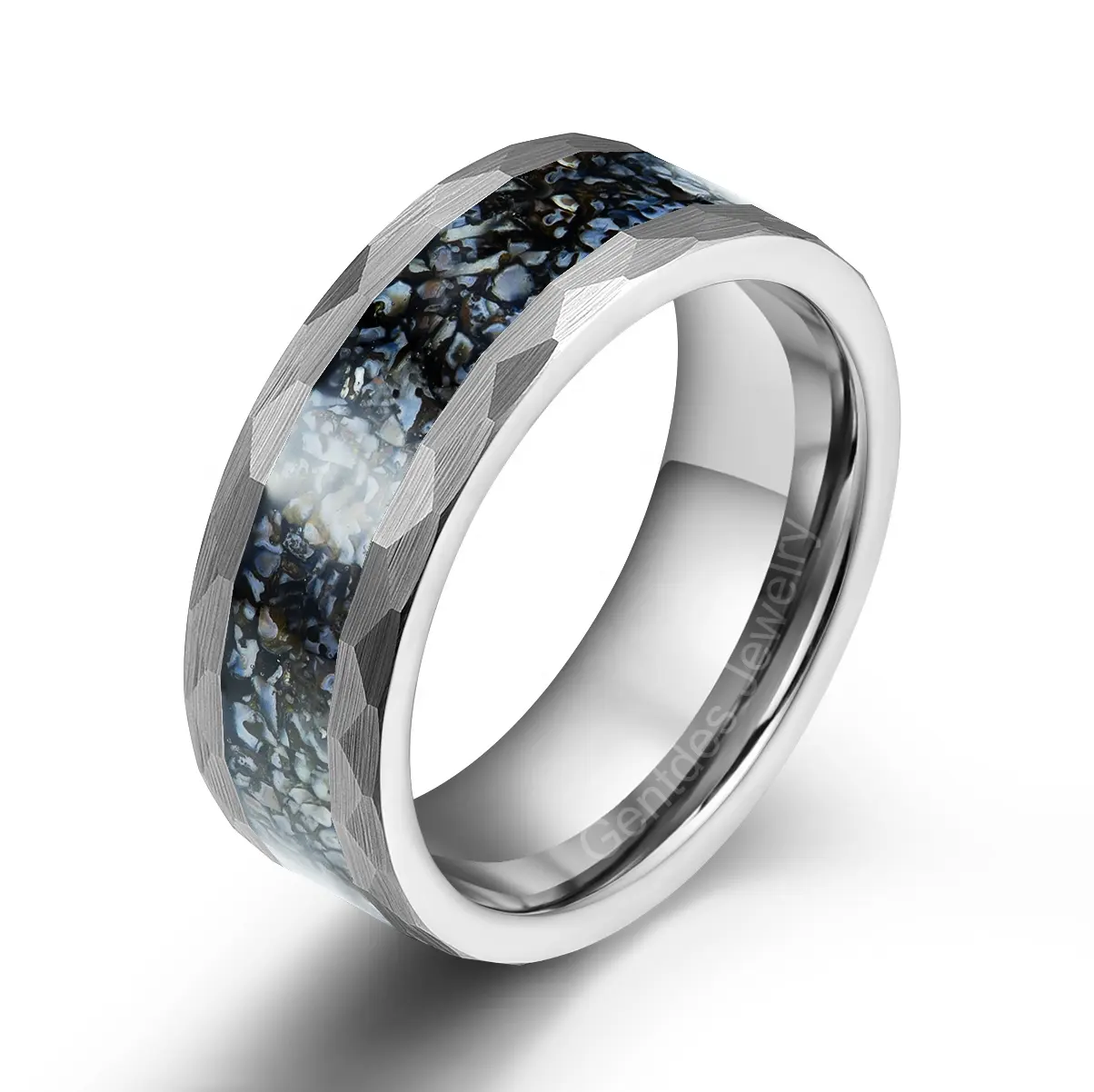 Gentdes Jewelry 8mm Tungsten Flat Wedding Bands Silver Inlaid With Blue Dinosaur Bone Mens Ring Tungsten Wedding Rings
