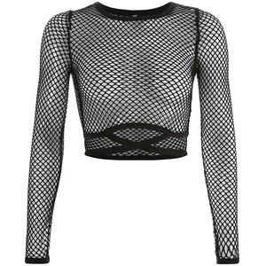 Tops cortos de malla transpirable de manga larga con tiras sexis para mujer, blusa de baile adelgazante con cuello en V y cuello redondo, Tops cortos para mujer - Product Image 3