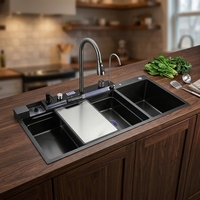 Évier de cuisine multifonctionnel de luxe noir intelligent moderne en acier inoxydable avec cascade, lave-tasses intégré, écologique et économe en eau