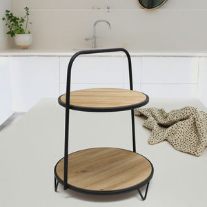 Plateau à 2 niveaux en bois à cadre métallique pour décoration <span class=keywords><strong>de</strong></span> gâteau <span class=keywords><strong>de</strong></span> mariage <span class=keywords><strong>Tour</strong></span> <span class=keywords><strong>de</strong></span> présentation ronde et noire pour dessert et fruits - Product Image 3