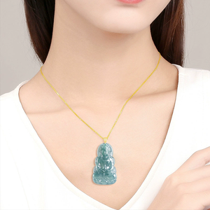หยกเจไดต์แท้เกรด A พร้อมตัวล็อกทองคำ 18K จี้หยกพระโพธิสัตว์กวนอิมสีน้ำเงิน คุณภาพเยี่ยม - Product Image 5