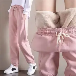 Kış kadın spor pantolonları Sweatpants egzersiz polar pantolon katı kalın sıcak kış koşu koşucu pantolonu