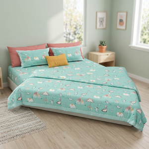 Parure de lit en coton imprimé animaux de dessin animé 4 pièces, housse de couette, drap et taies d'oreiller 1,8 m, respirante toutes saisons pour usage domestique - Product Image 3