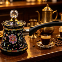 Cafetière turque Cezve en émail floral vintage noir avec couvercle, poignée résistante à la chaleur, ibrik pour cuisinière, cafetière arabe