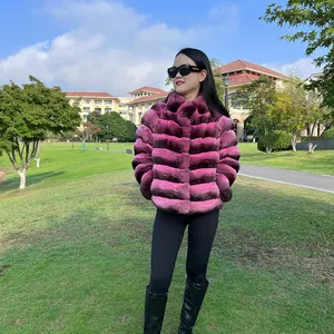 women winter fashionable real chinchilla fur coat short style pink color with the best wholesale promotion price