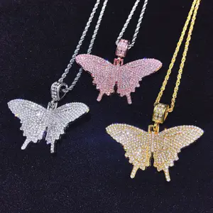HOVANCI Hot Sale HipHops Luxury Full Diamond Cuban Chain Butterfly Necklace Real Gold Plating Pink Crystal Link Chain Butterfly