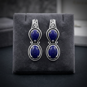 Gourik Classic 925 Sterling <b>Silver</b> Natural Lapis Lazuli Gemstone Cabochon Teardrop Oval <b>Silver</b> Plated Claw Setting <b>Stud</b> <b>Earrings</b> - Product Image 3